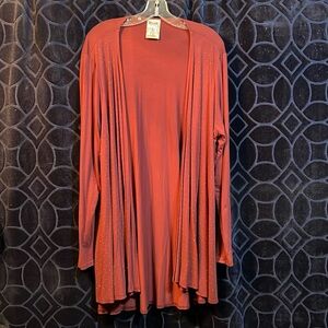 Maroon, long sleeve, graduated length, light weight, flowy cardigan.